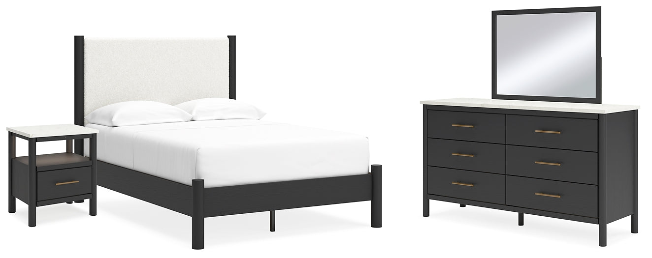 Cadmori Full Upholstered Panel Bed with Mirrored Dresser and Nightstand