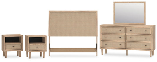 Cielden Full Upholstered Panel Bed with Mirrored Dresser and 2 Nightstands